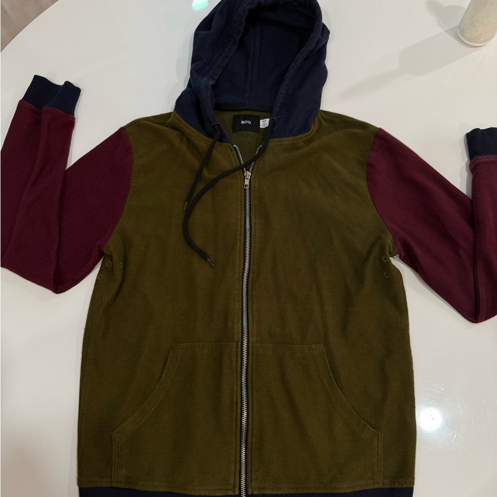 BDG Two-Tone Zip-Up Hoodie in Olive and Navy